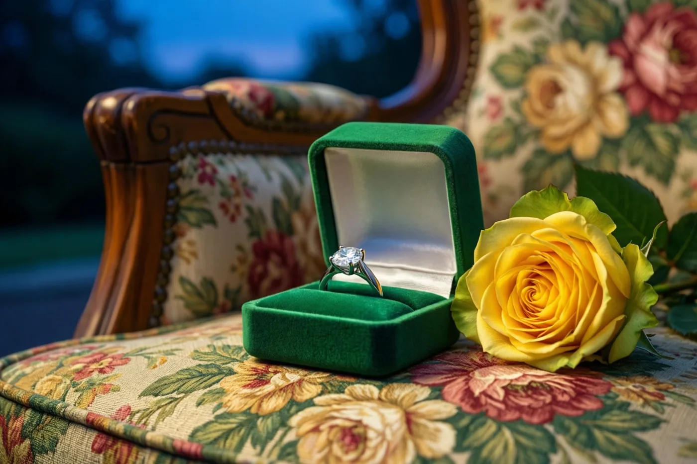 Een open groen fluwelen ringdoosje met een ring met één diamant staat naast één gele roos op een gebloemde fauteuil, buiten in de schemering tegen een onscherpe blauwe achtergrond.