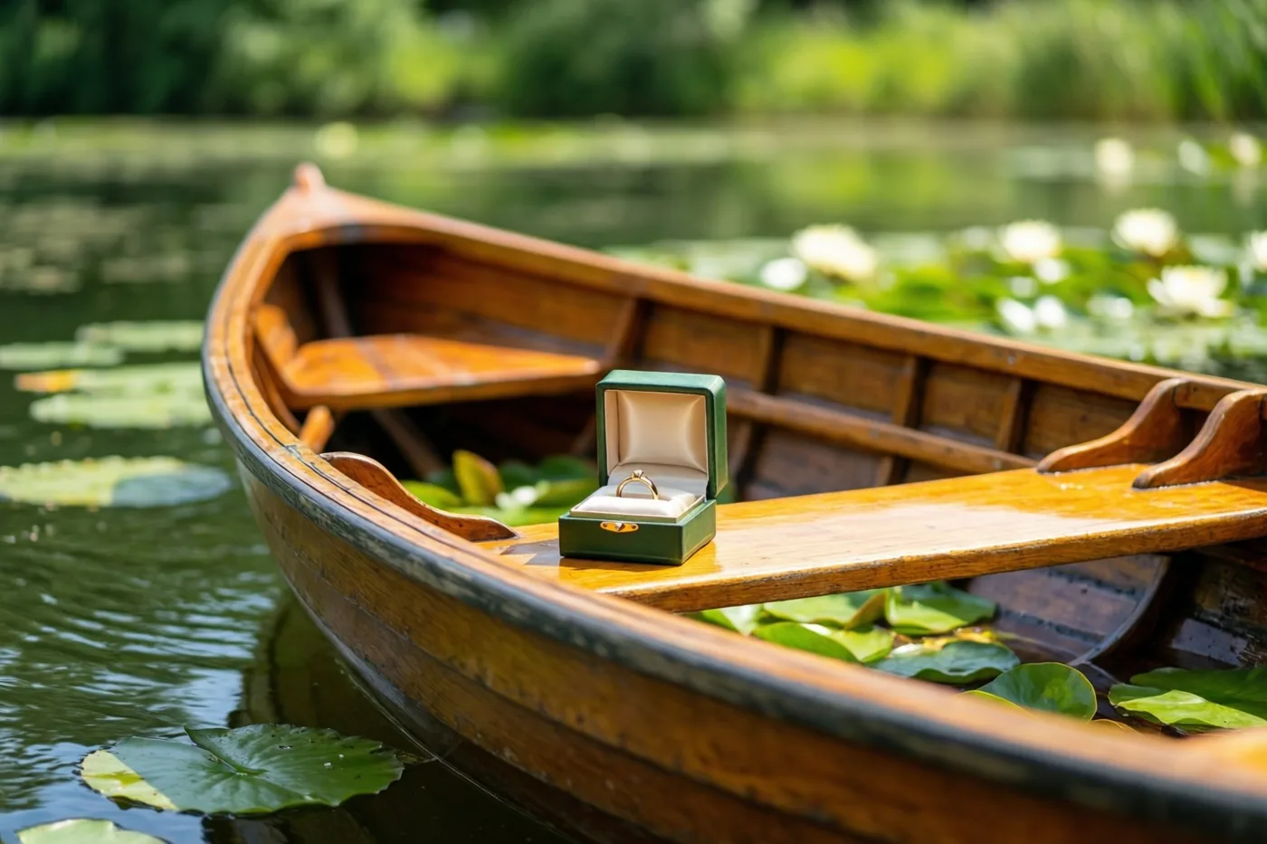 Een open groen ringdoosje met een gouden ring staat op het houten bankje van een roeiboot op een rustige vijver, omringd door waterlelies en groen in fel zonlicht.