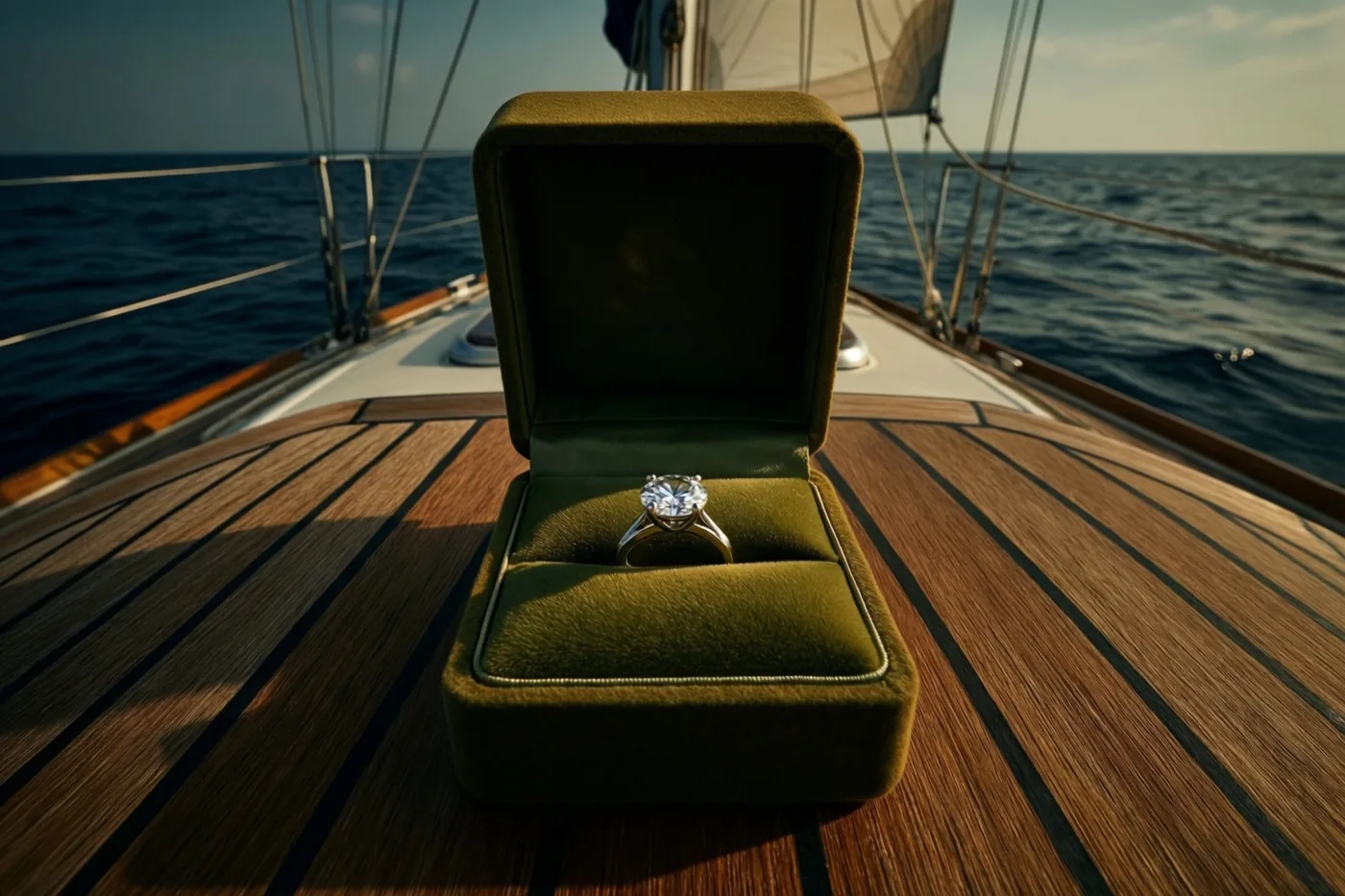 Een open groen fluwelen ringdoosje met een ring met één diamant staat op het houten dek van een zeilboot, met zichtbaar touwwerk en de open zee onder een heldere hemel.