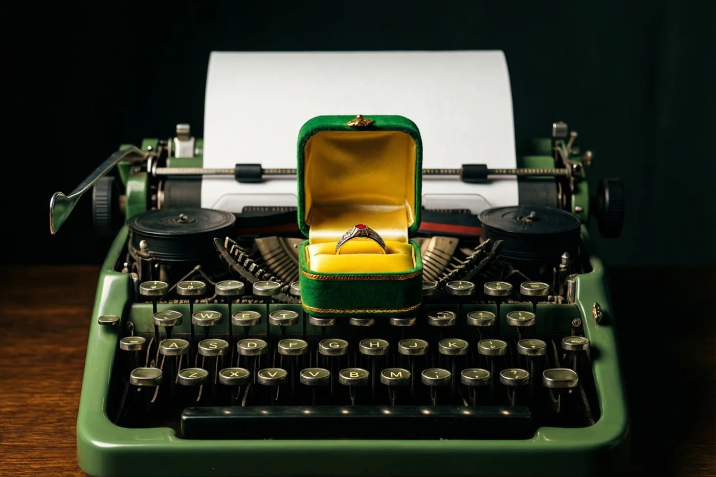 Een open groen fluwelen ringdoosje met een ring staat op de toetsen van een groene vintage typemachine met een blanco wit vel, tegen een donkere achtergrond in warm licht.