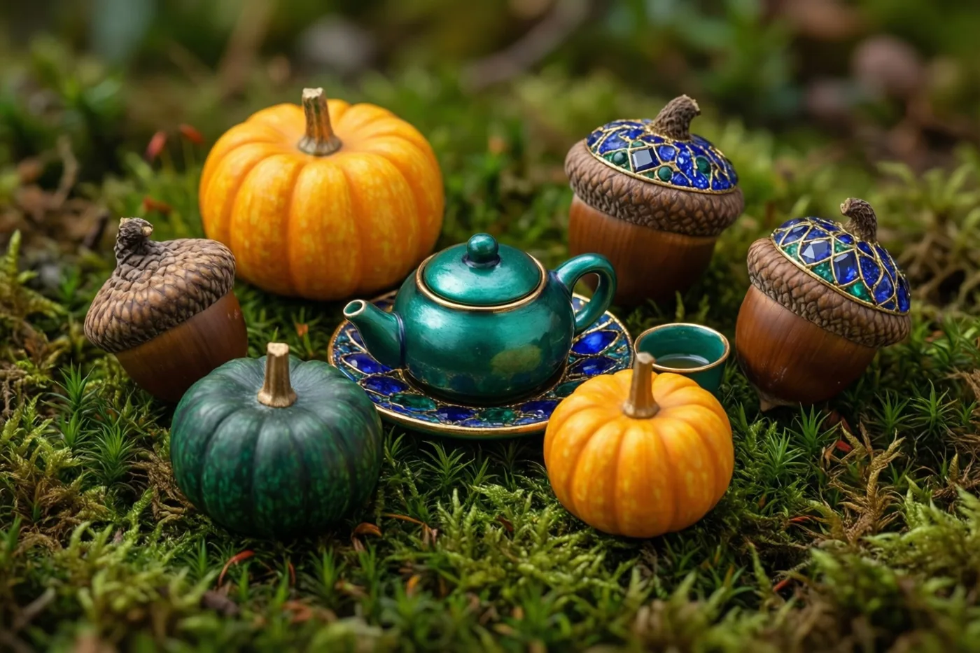 Een miniatuurtheeservies met een groene theepot en een kopje staat op groen mos naast kleine pompoenen en eikeldopjes met glinsterende versieringen.