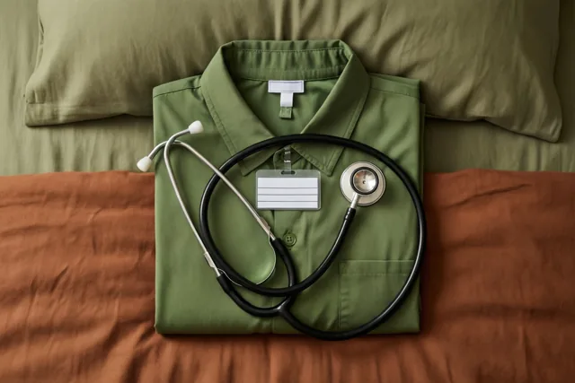 Een opgevouwen groen uniformhemd met een blanco naambadge en een stethoscoop ligt op een bed met olijfgroene kussens en een roestkleurige sprei.