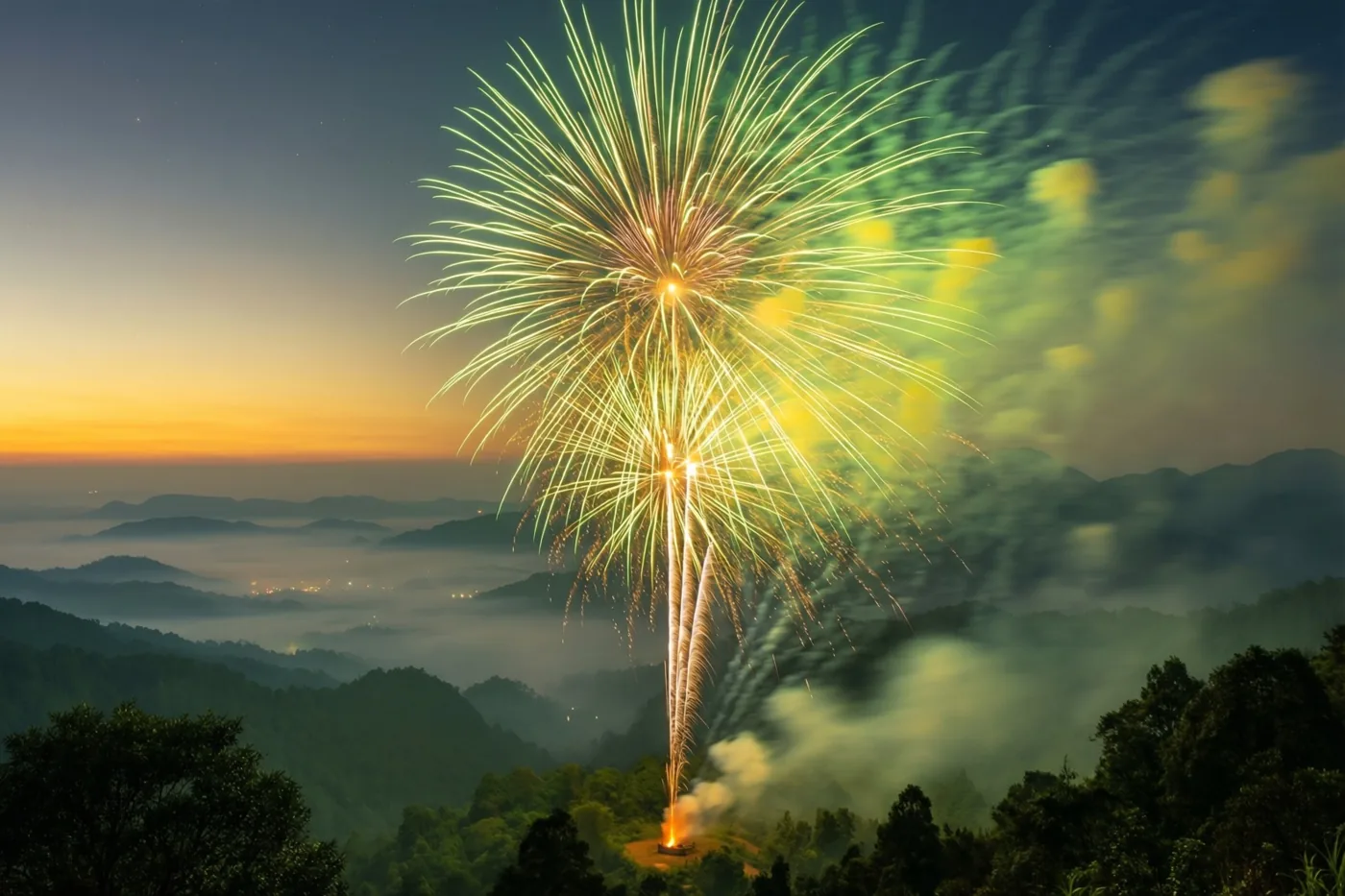 Groot groen en geel vuurwerk verlicht een bergvallei met mistige heuvels onder een hemel die van oranje naar donkerblauw overgaat.