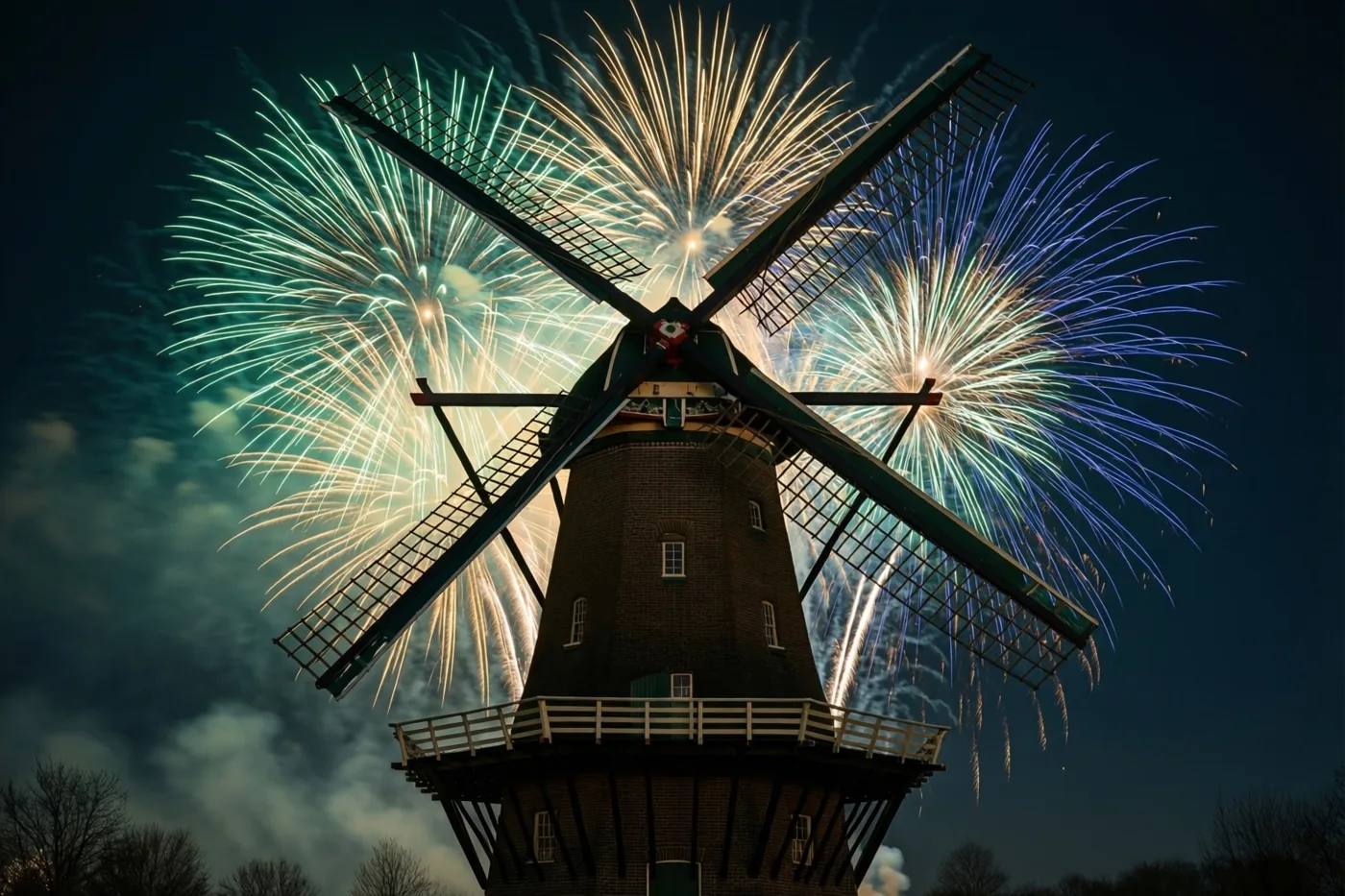 Een bruine bakstenen windmolen tekent zich af tegen een donkerblauwe nachthemel met groen en wit vuurwerk.