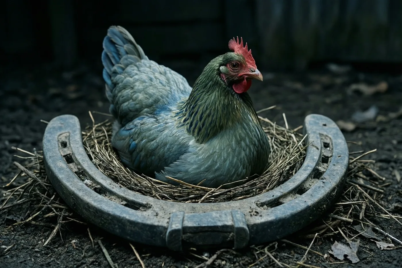 Een hen met groenblauwe veren zit in een groot hoefijzer vol stro op donkere aarde, met een wazige achtergrond.