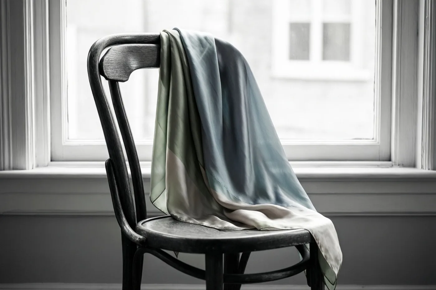 Een zijden sjaal in gedempt groen, blauw en crème hangt over de rug van een donkere gebogen houten stoel bij een helder raam met witte kozijnen.