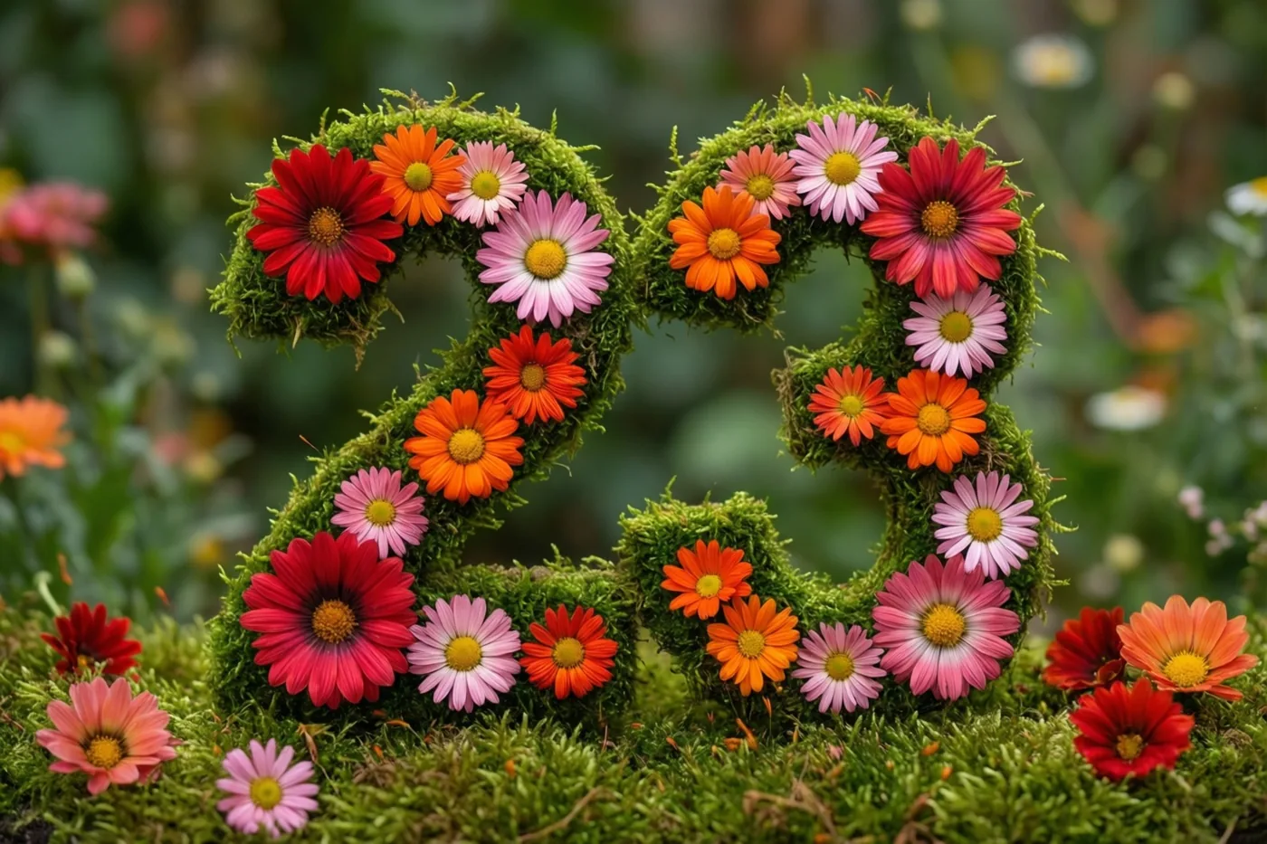 Het getal 23 is gevormd uit een mosgroene haag met kleurrijke madeliefjes in een landelijke tuin.