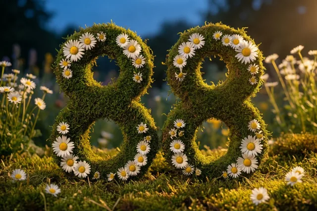 Een mossige groene haag vormt 88 met witte madeliefjes in een tuin bij schemering, met warm goudkleurig licht onder een donkerblauwe hemel.