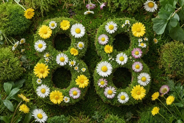 Het getal 88 is gevormd uit een mossige groene haag en versierd met gele, witte en roze madeliefjes in een tuin met groen en verspreide bloemen.