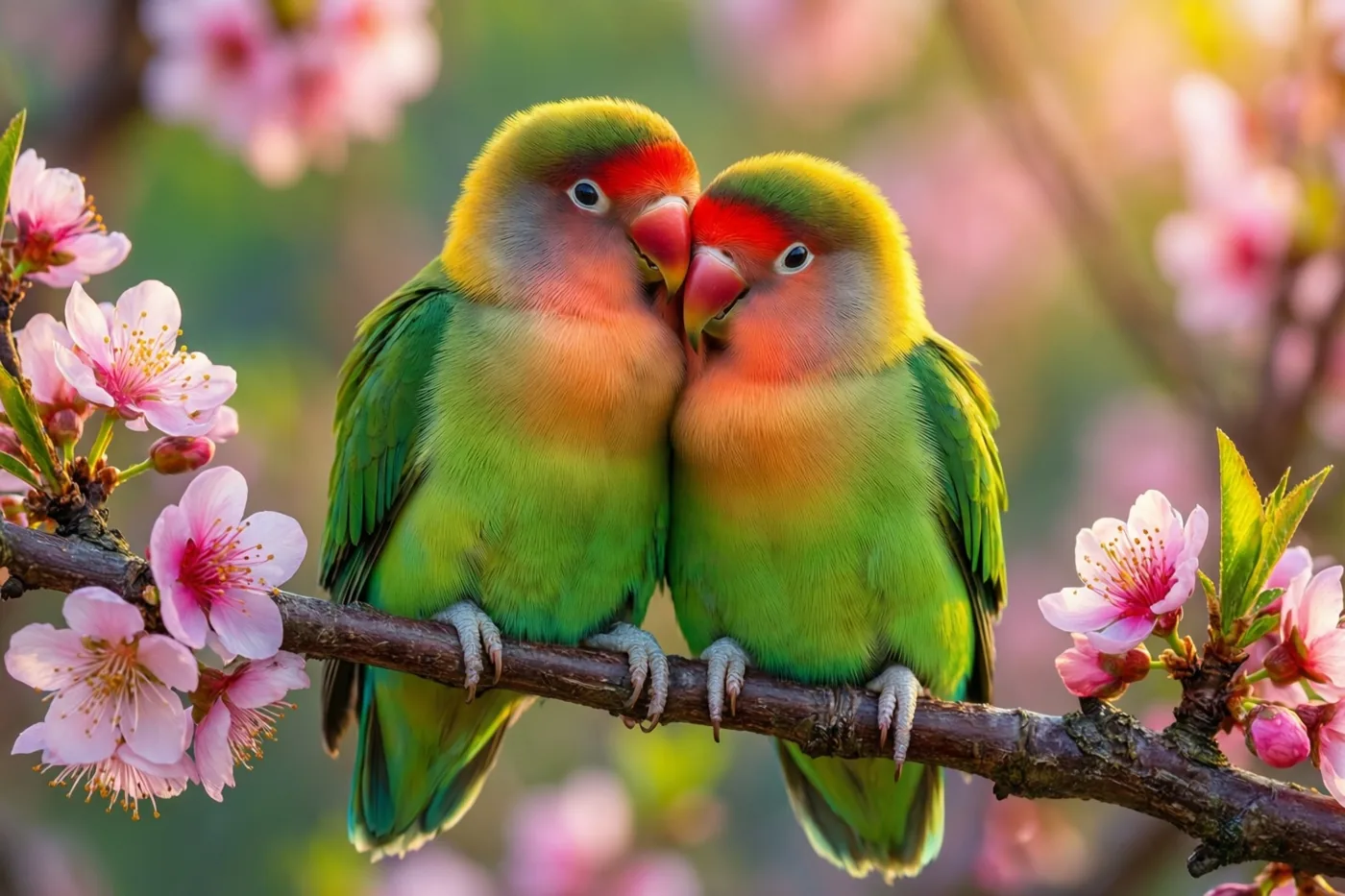 Twee groene agapornissen met rode gezichtjes zitten dicht bijeen op een tak met roze bloesems, tegen een onscherpe achtergrond van bloemen en groen.