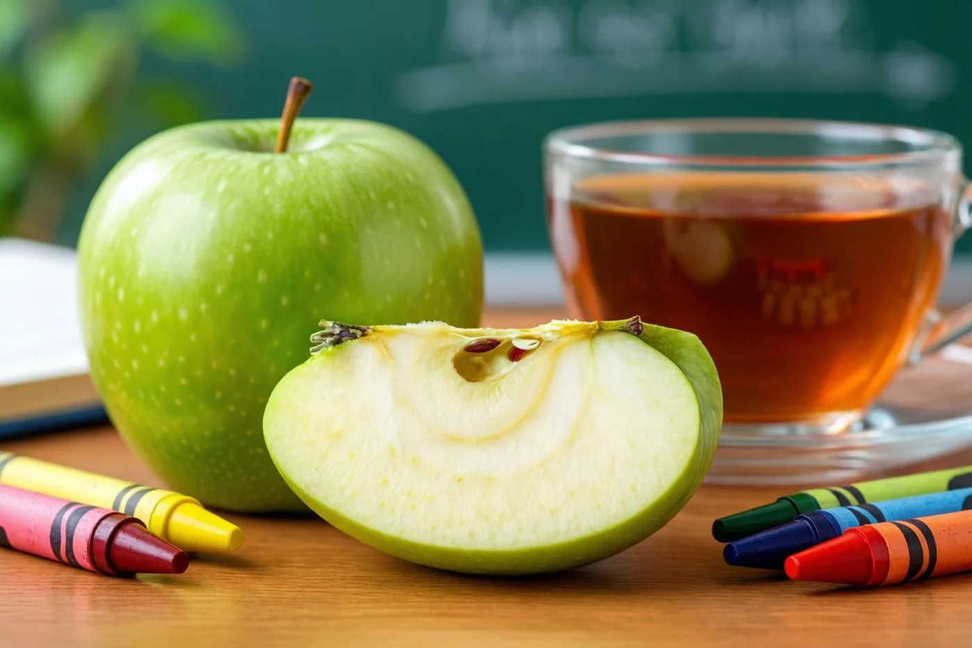 Een hele groene appel en een stukje appel liggen op een houten bureau naast een glazen kop thee en kleurrijke waskrijtjes, met een wazig groen schoolbord op de achtergrond.