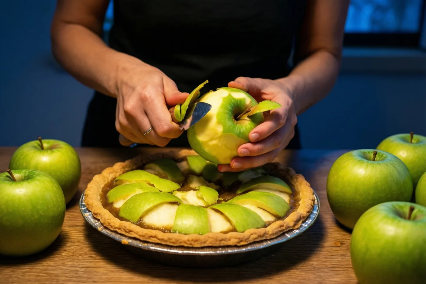 Handen schillen een groene appel boven een appeltaart op een houten tafel met hele groene appels, tegen een blauwe achtergrond.