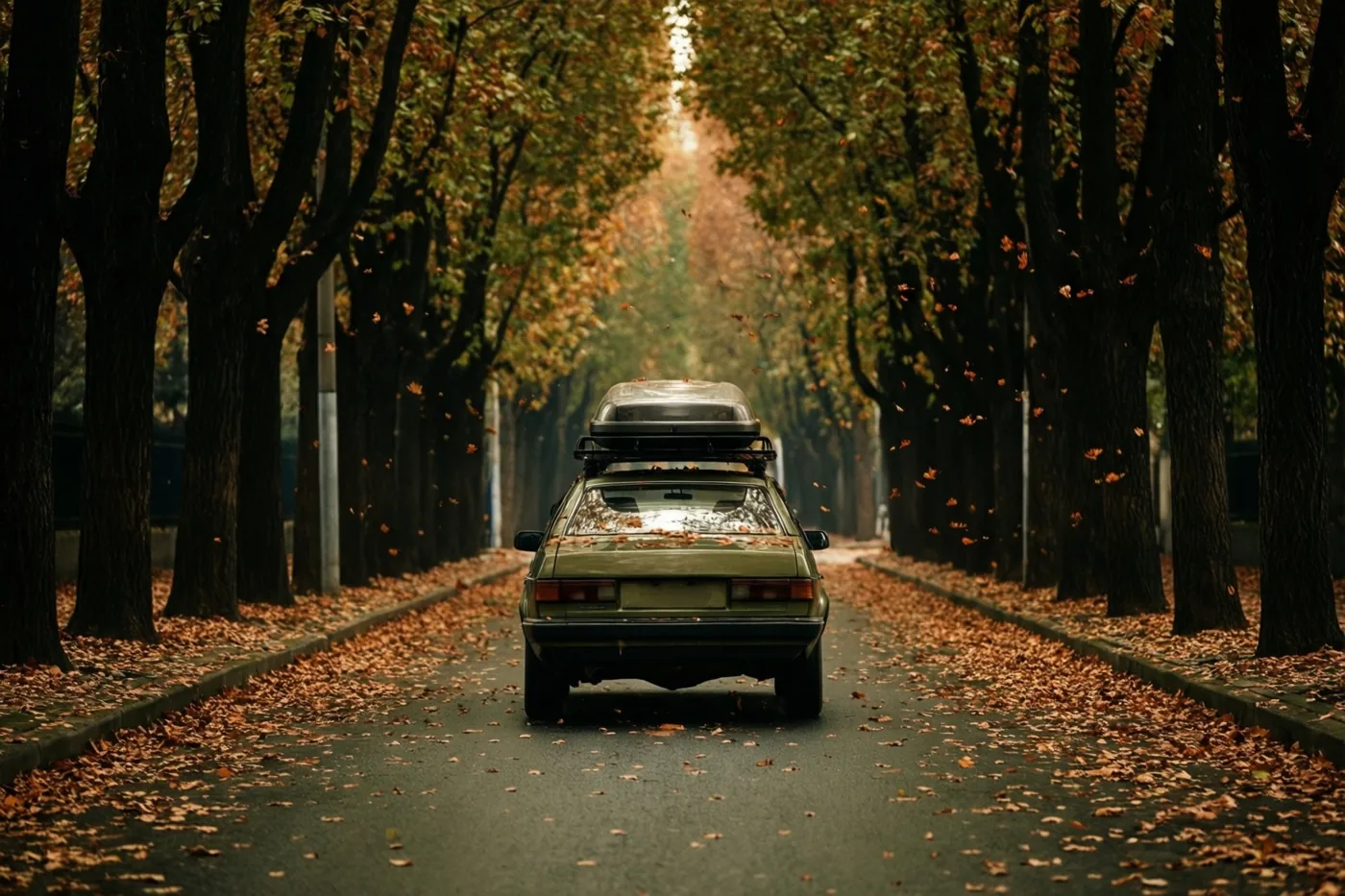 Een groene auto met een dakrek rijdt weg door een bomenlaan met vallende herfstbladeren en warm goudkleurig zonlicht.