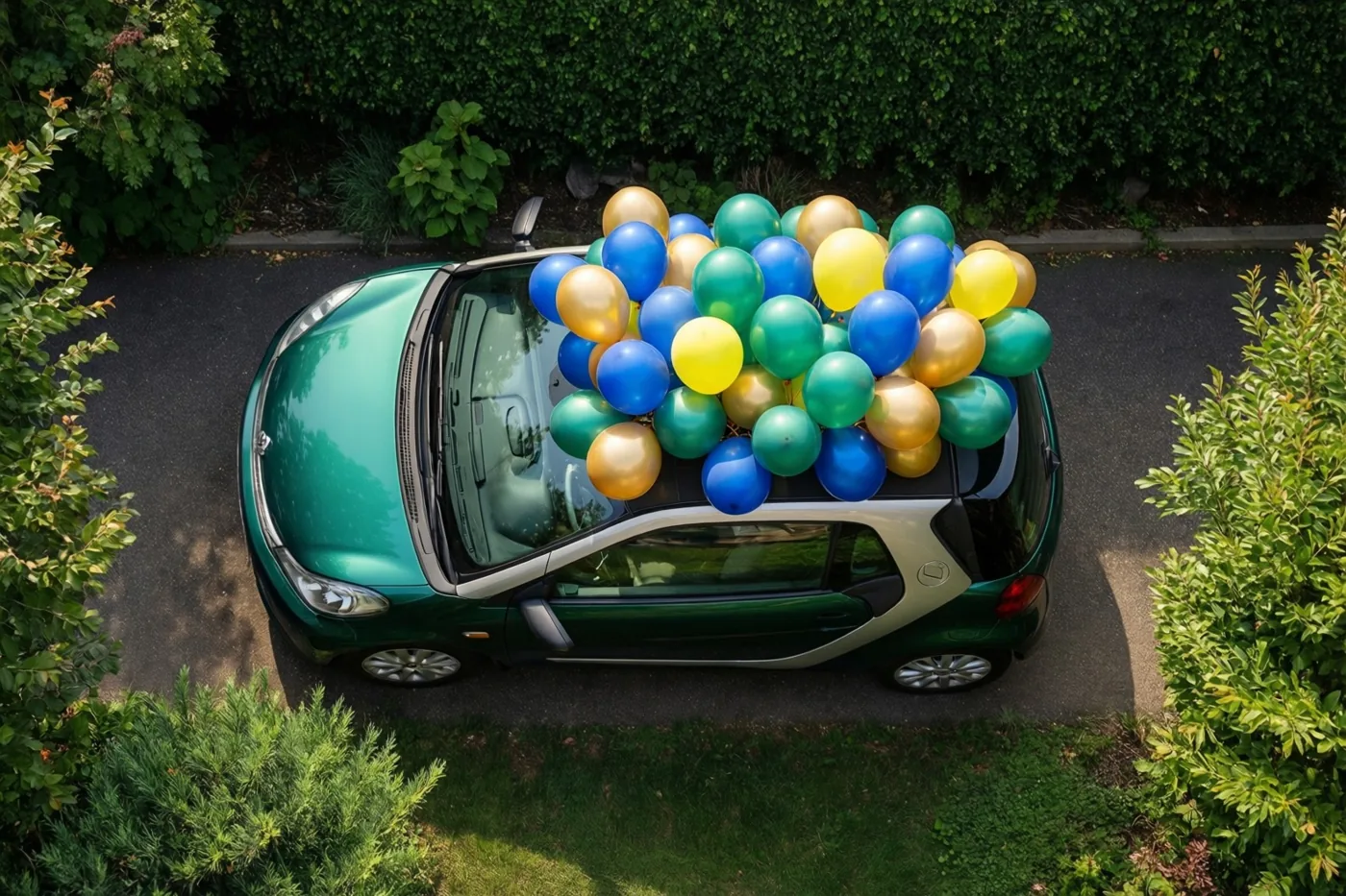 Een kleine groene auto staat op een oprit met het dak volledig bedekt door een dichte tros kleurrijke ballonnen, omringd door struiken en gras in helder daglicht.