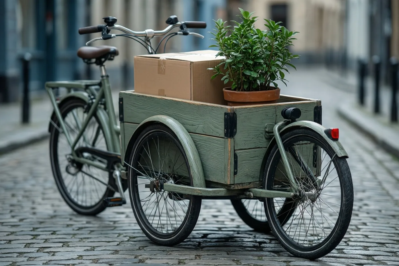 Een groene houten bakfiets met een kartonnen doos en een plant in een pot staat op een kasseistraat in gedempte aardetinten.