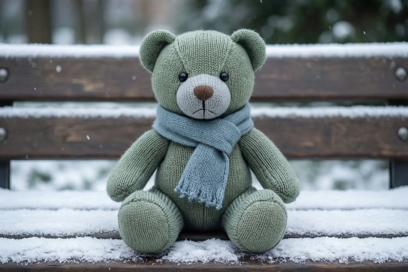 Een groene gebreide teddybeer met een lichtblauwe sjaal zit op een besneeuwde houten bank tegen een onscherpe sneeuwachtergrond.