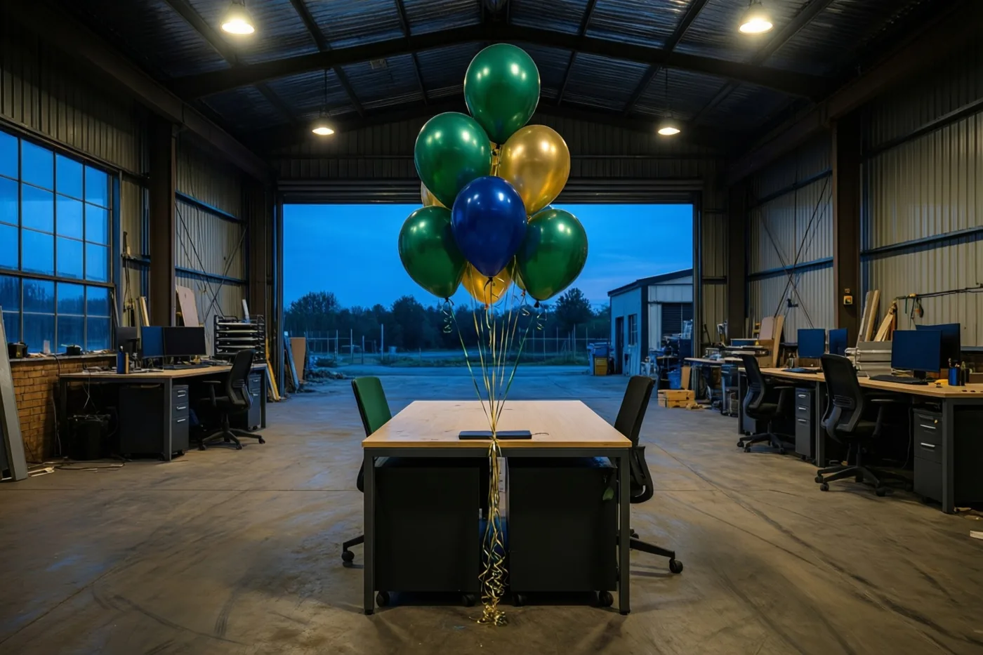 Groene, blauwe en gouden ballonnen hangen aan een bureau midden in een leeg loodskantoor, met lamplicht binnen en een schemerlucht door de open deur.