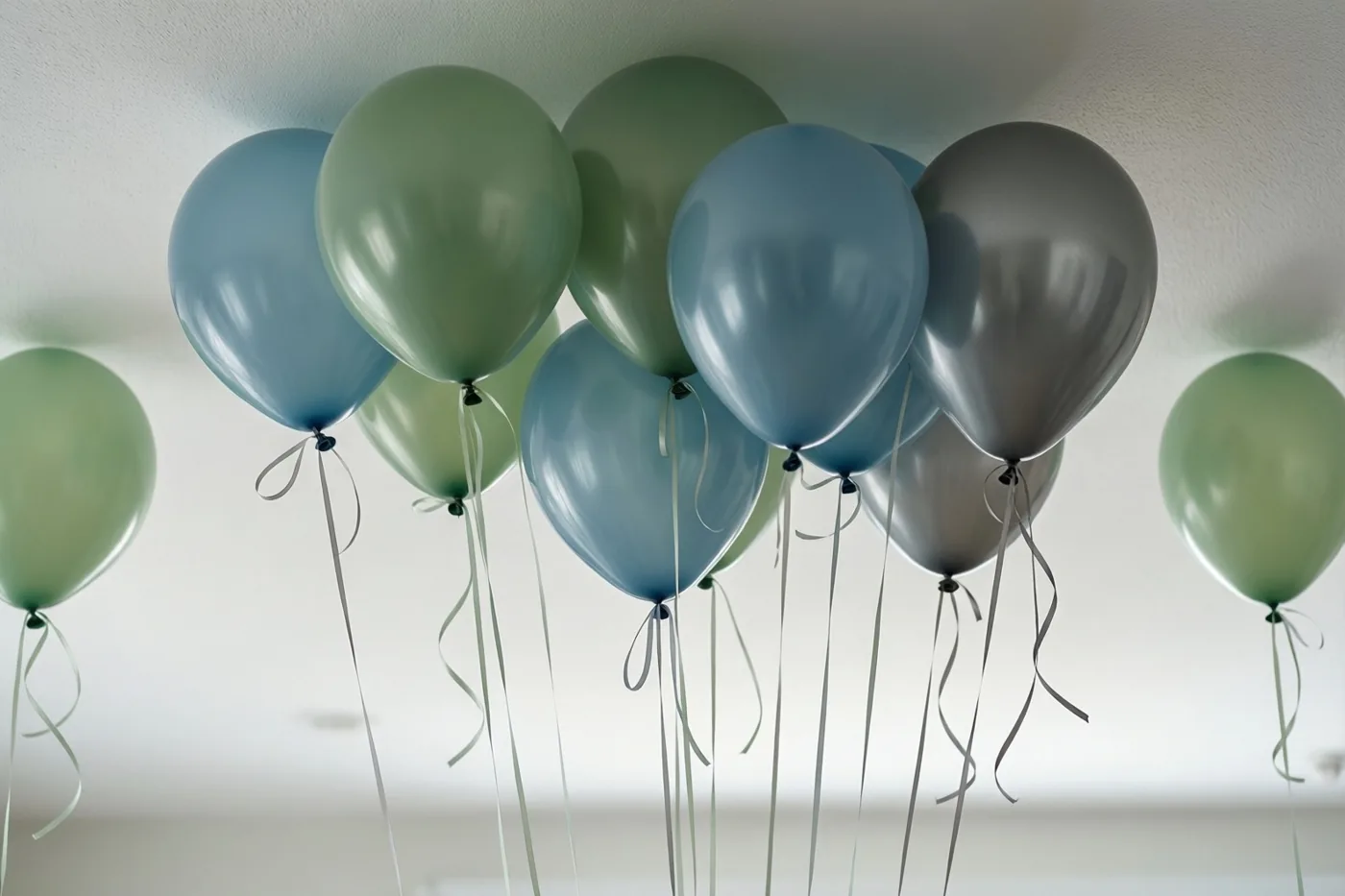 Een groep ballonnen in gedempt groen, blauw en grijs zweeft tegen een wit plafond, met lange linten naar beneden.