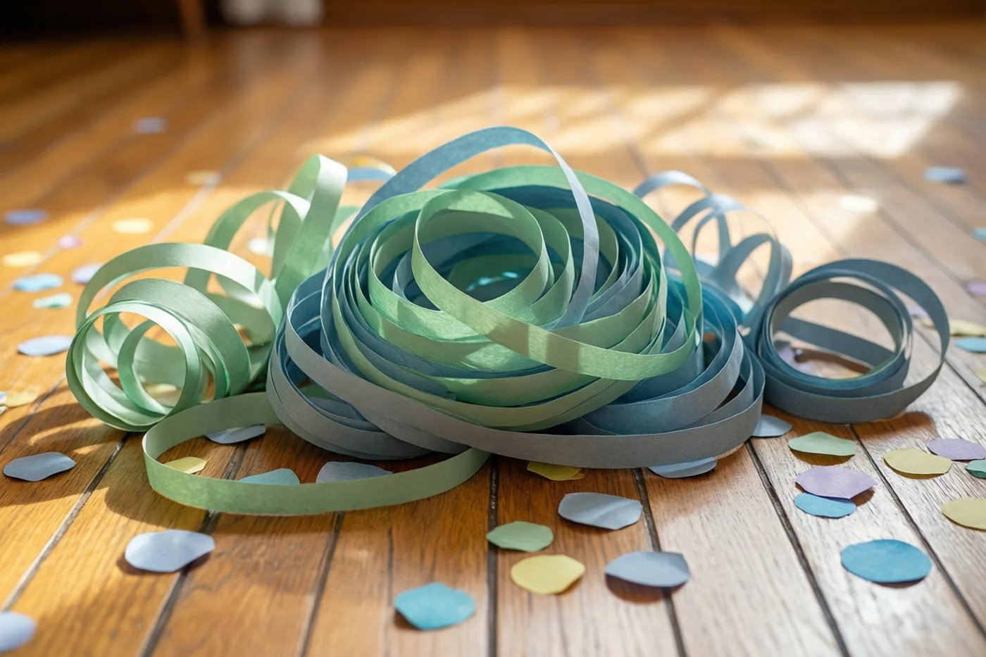 Groene en blauwe papieren slingers liggen met veelkleurige confetti op een houten vloer in zonlicht.