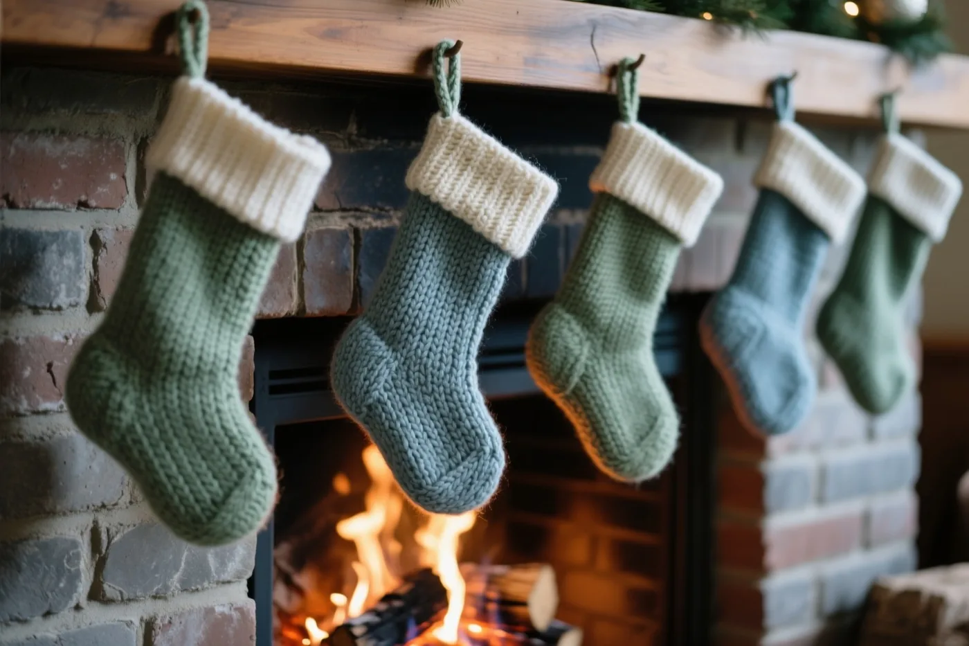 Vijf gebreide kerstsokken in groene en blauwe tinten met crèmekleurige boorden hangen aan een houten schouw boven een brandend vuur in een bakstenen haard.