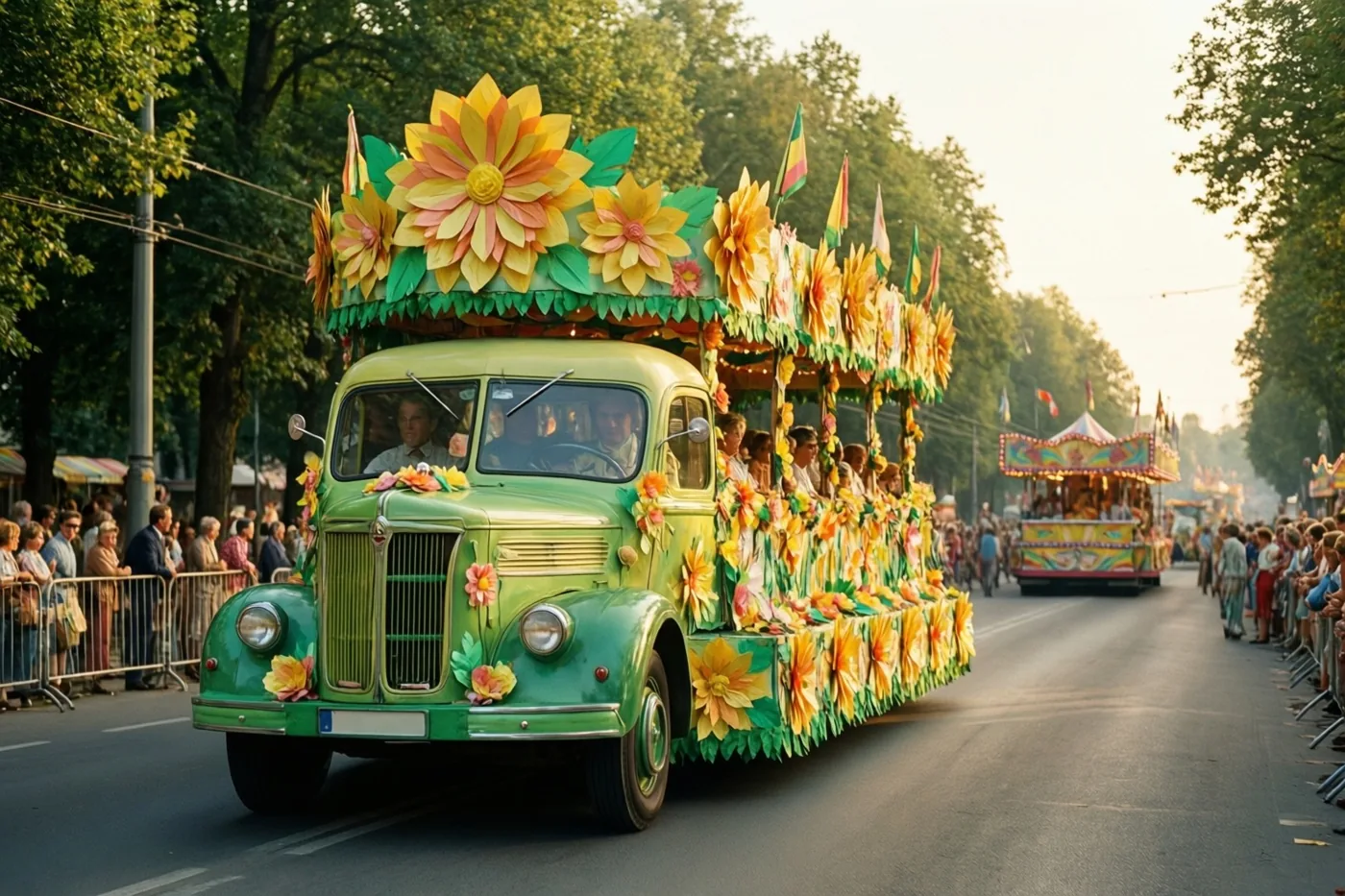 Een groene vrachtwagen uit de jaren zestig met grote papieren bloemen rijdt tijdens een carnavalsstoet door een straat met bomen en toeschouwers in warm goudkleurig licht.
