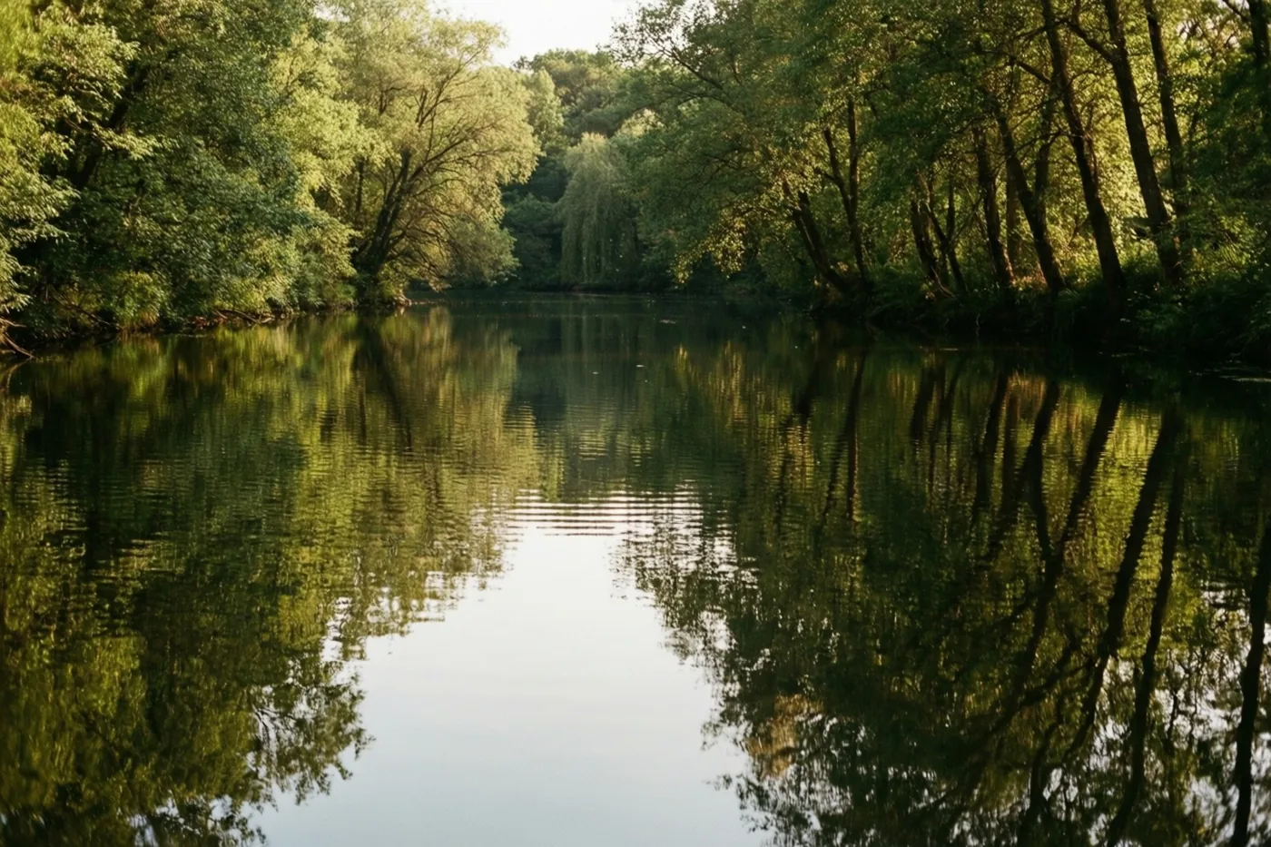 Een rustige rivier weerspiegelt de groene bomen langs de oevers, met lichte rimpels op het water in zacht daglicht.