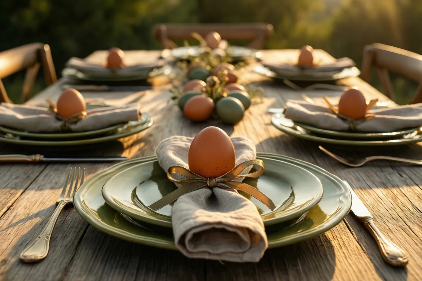 Op een rustieke houten tafel staan groene borden met elk een bruin ei en beige linnen servetten met gouden linten, in warm goudkleurig zonlicht.