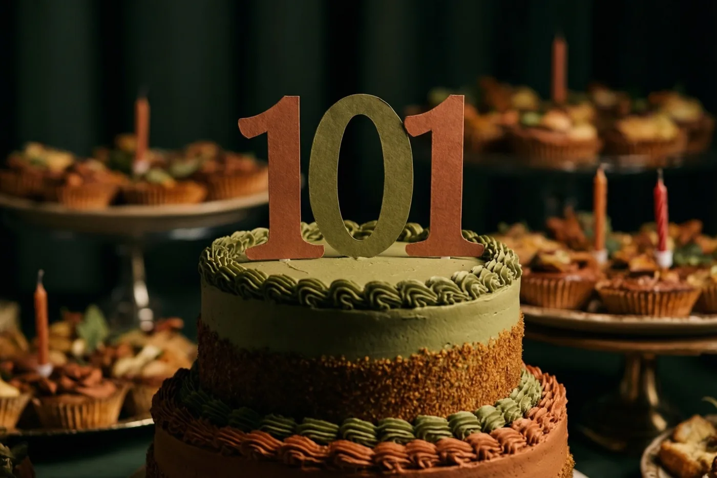 Een stapeltaart met groen en bruin glazuur en een papieren versiering met 101 staat tussen cupcakes en kaarsen voor een donkergroene achtergrond.