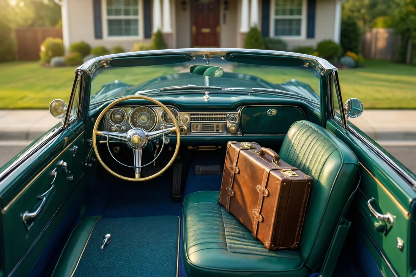 Een groene vintagecabrio met een bruine leren aktetas op de passagiersstoel staat in warm ochtendlicht voor een huis in een woonwijk.