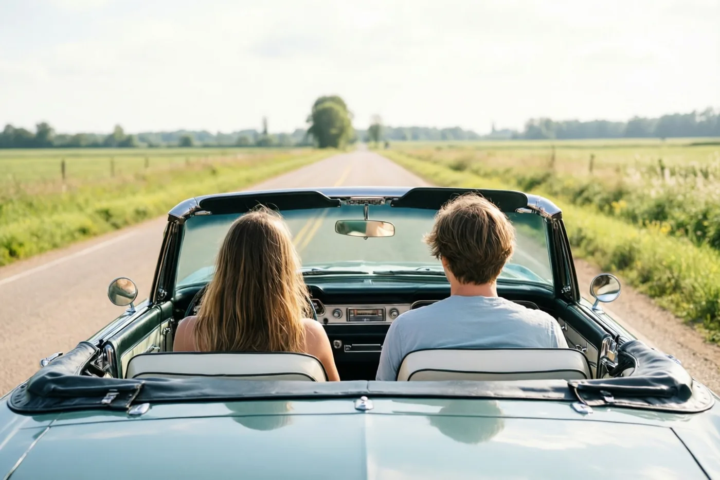 Twee vrienden zitten in een oude groene cabrio op een rechte landweg tussen groene velden, van achteren gezien in zacht daglicht.