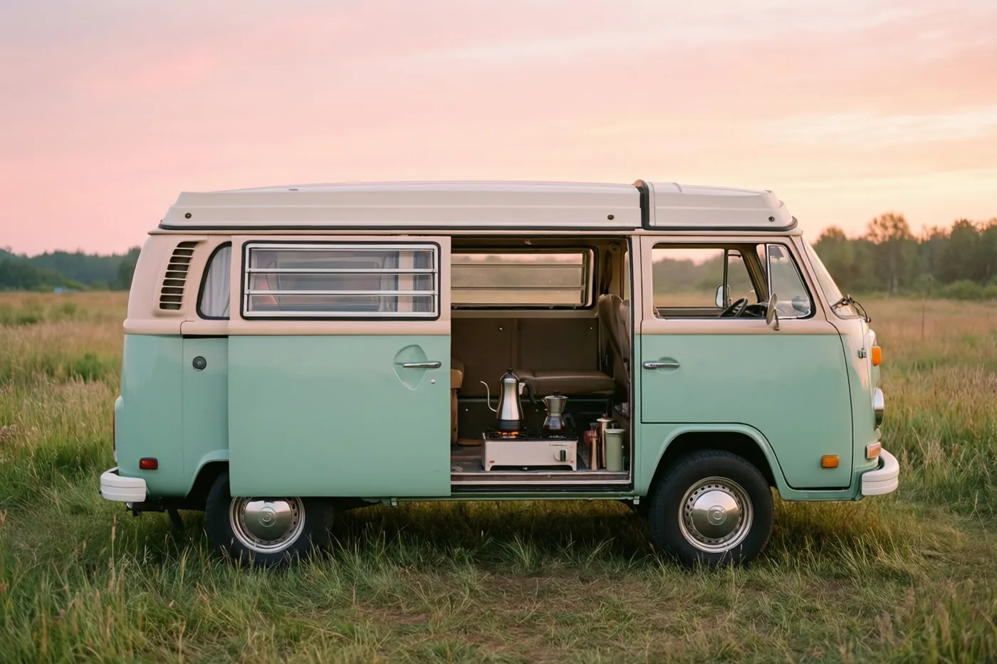 Een lichtgroene en crèmekleurige vintagecamper staat in een grasveld onder een roze en oranje ochtendhemel, met door de open zijdeur een koffiepot op een kampeervuurtje zichtbaar.
