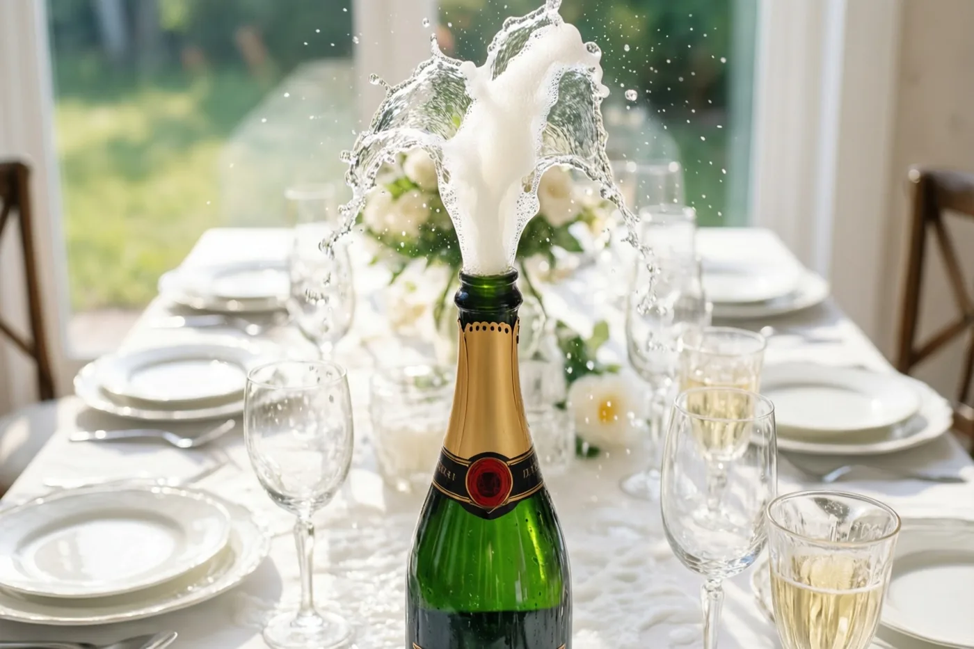 Uit een groene champagnefles spuit een grote wolk schuim over een wit tafelkleed met borden en glazen, met daglicht uit een raam op de achtergrond.