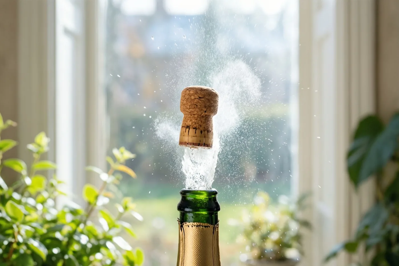 Een kurk springt uit een groene champagnefles met opspattende vloeistof voor een helder raam, met groene planten aan weerszijden.