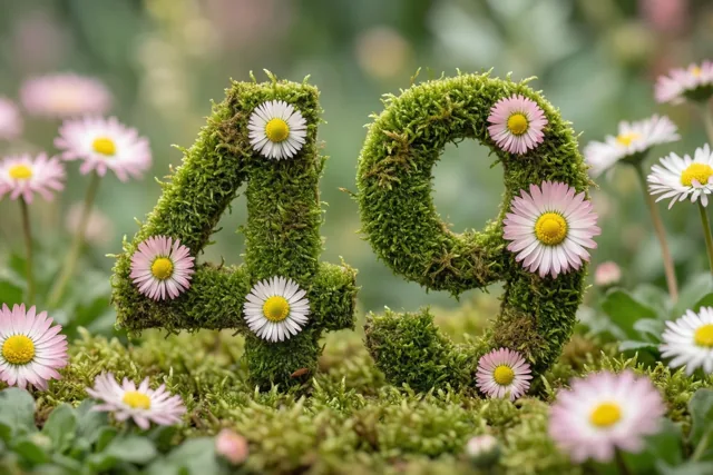 Een mossige groene haag vormt 49, versierd met roze en witte madeliefjes, met onscherpe bloemen op de achtergrond.