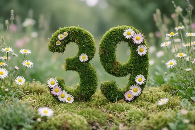 Een mossige groene haag vormt 39 met witte en roze madeliefjes tegen een onscherpe groene tuinachtergrond.