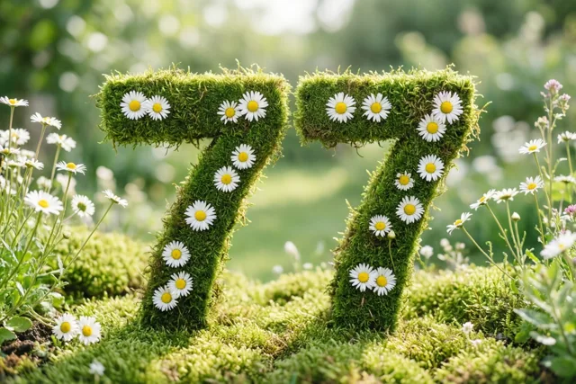 Het getal 77 is gevormd uit een mosgroene haag met witte madeliefjes met gele hartjes in een lichte landelijke tuin.