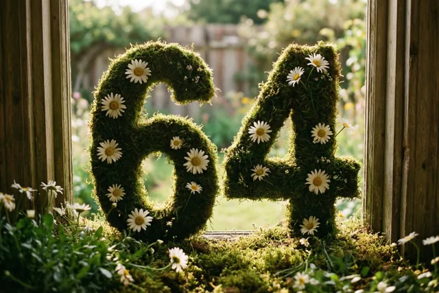 Een groene, mossige haag in de vorm van het getal 64 is versierd met witte madeliefjes en staat in een landelijke tuin, omlijst door houten raamluiken.