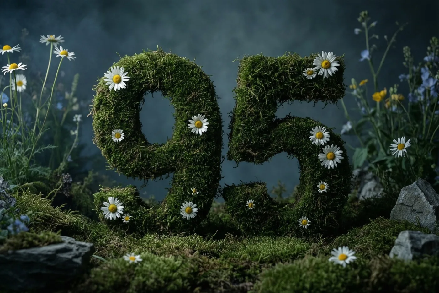 Een groene, met mos begroeide haag vormt 95 en is versierd met witte madeliefjes in een landelijke tuin met stenen en wilde bloemen in donkere blauwe en groene tinten.