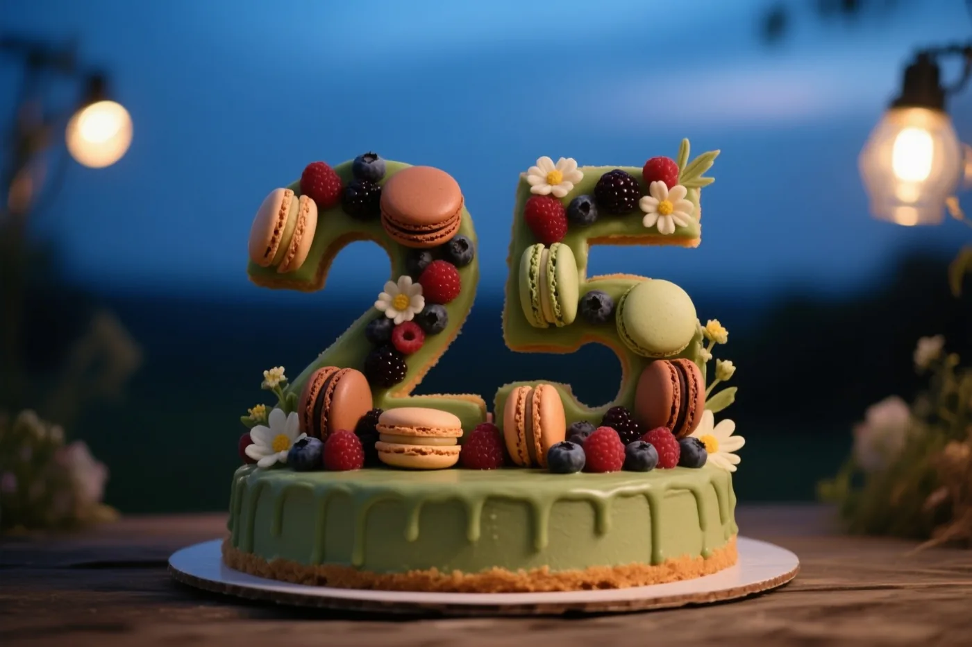 Een cijfertaart in de vorm van 25 met groen glazuur, macarons, bessen en eetbare bloemen staat op een houten tafel onder lichtslingers bij een blauwe avondlucht.