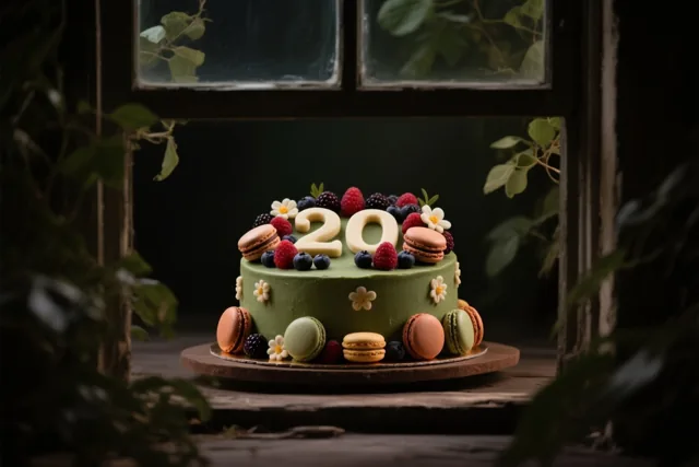Een groene taart in de vorm van 20, versierd met bessen, macarons en eetbare bloemen, staat op een houten schaal voor een raam met groen.