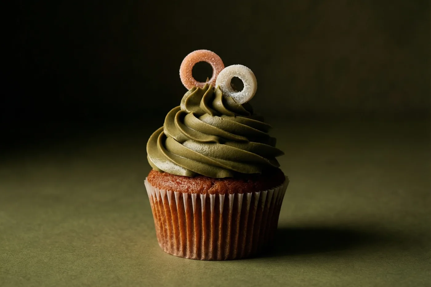 Een cupcake met groen glazuur en twee suikerringen staat tegen een donkergroene achtergrond in zacht licht.