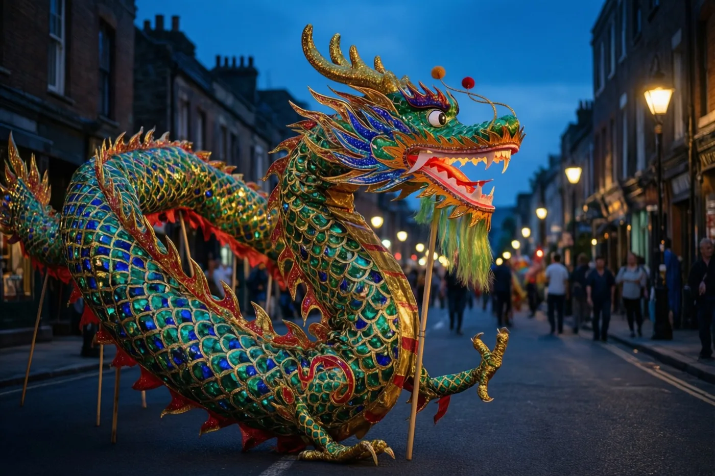 Een grote groene en gouden drakenpop slingert bij schemering door een smalle straat met straatverlichting, vage figuren op de achtergrond en een diepblauwe hemel erboven.
