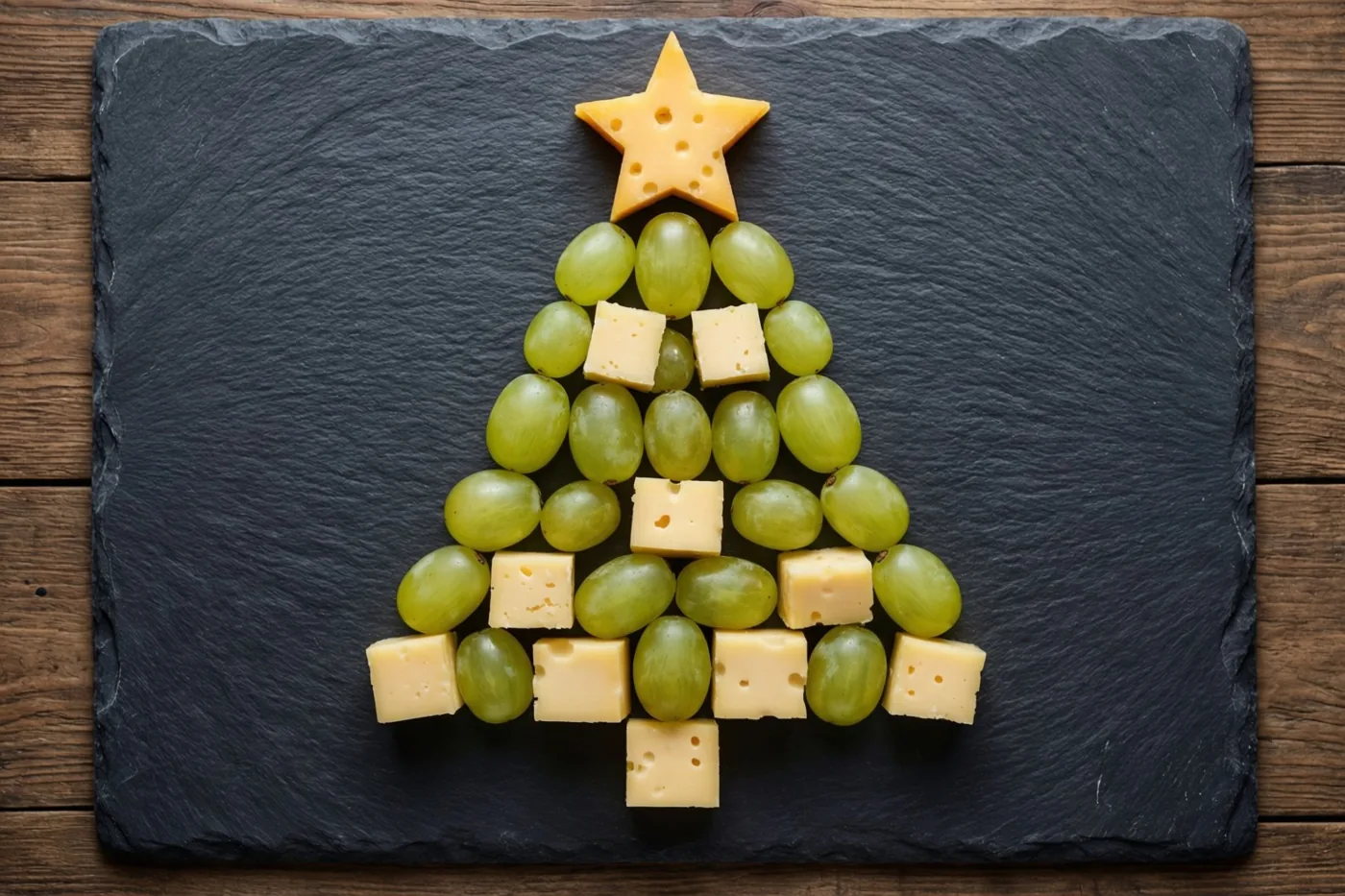 Groene druiven en gele kaasblokjes liggen in de vorm van een kerstboom met een kaasster op een donkere leistenen plank op een houten ondergrond.