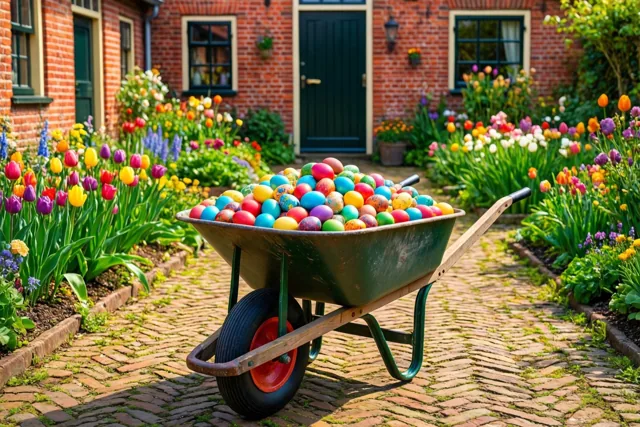Paasbloemen rond de kruiwagen