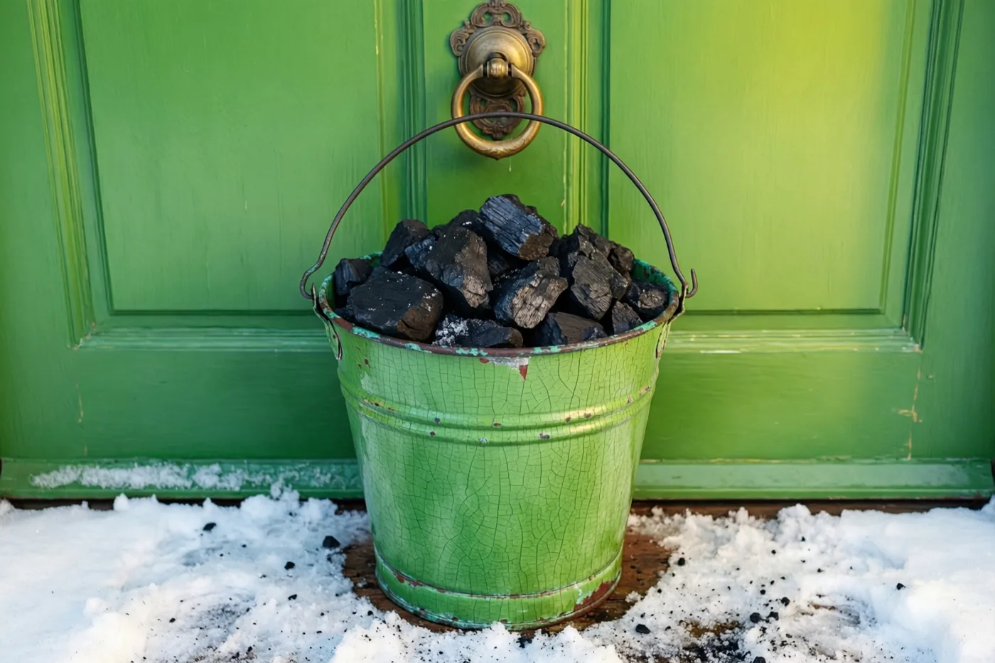 Een groene emaille emmer met beschadigingen en kolen staat op besneeuwde grond naast een groene houten deur met een sierlijke messing deurklopper.