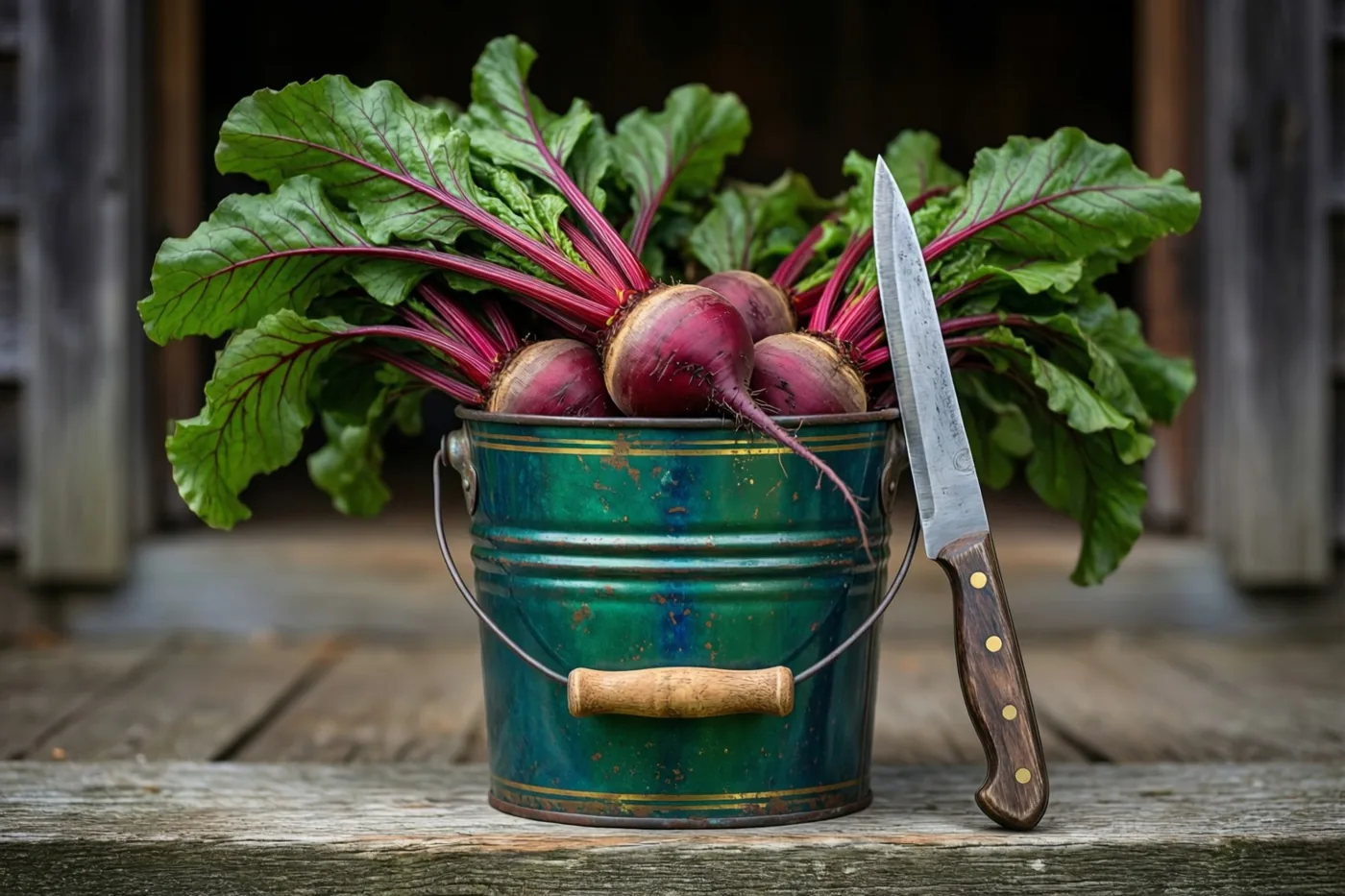 Een oude groene blikken emmer met verse suikerbieten en groene bladeren staat op een verweerde houten boerderijtrede naast een snijmes met houten heft.