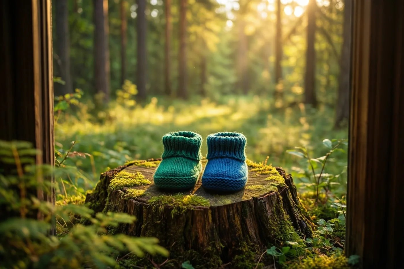 Een groen en een blauw gebreid babyschoentje staan op een bemoste boomstronk in een zonnige open plek in het bos, met verticale houten elementen langs het beeld.