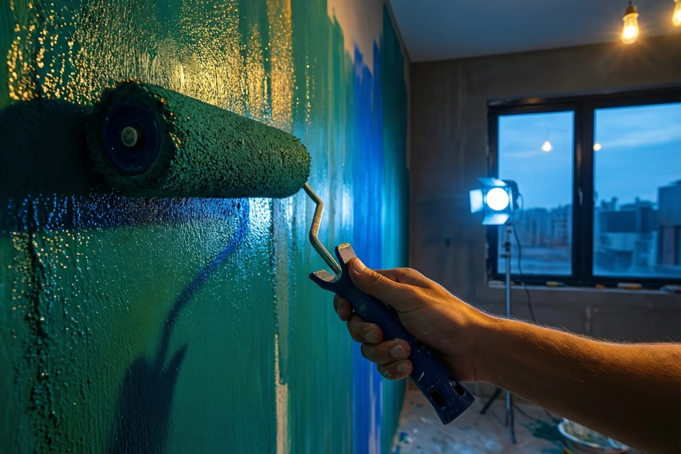 Een hand brengt met een verfroller groene en blauwe verf aan op een muur in een verlichte kamer, met door het raam zicht op de stad in de schemering.