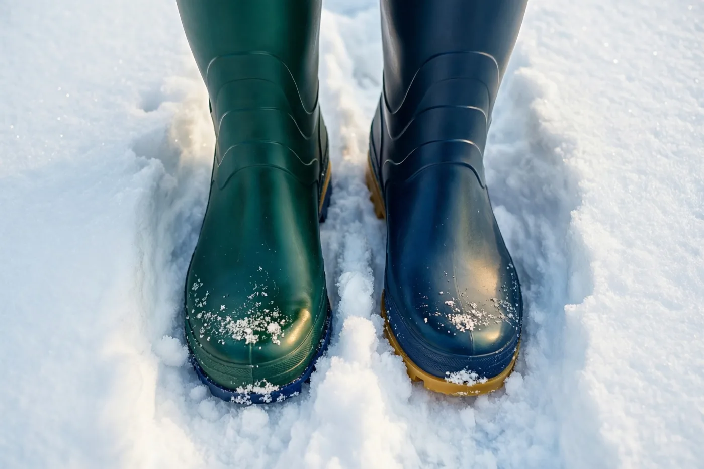 Een groene en een donkerblauwe rubberlaars staan rechtop in diepe witte sneeuw.