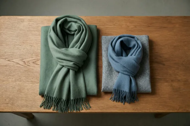 Een groene en een blauwe kasjmieren sjaal liggen opgevouwen naast elkaar op een houten bank in gedempte tinten.